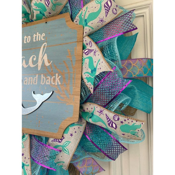 Mermaid Wreath, Welcome to the Beach Mesh Ribbon Wreath Door Hanger Home Decor - Picture 4 of 8